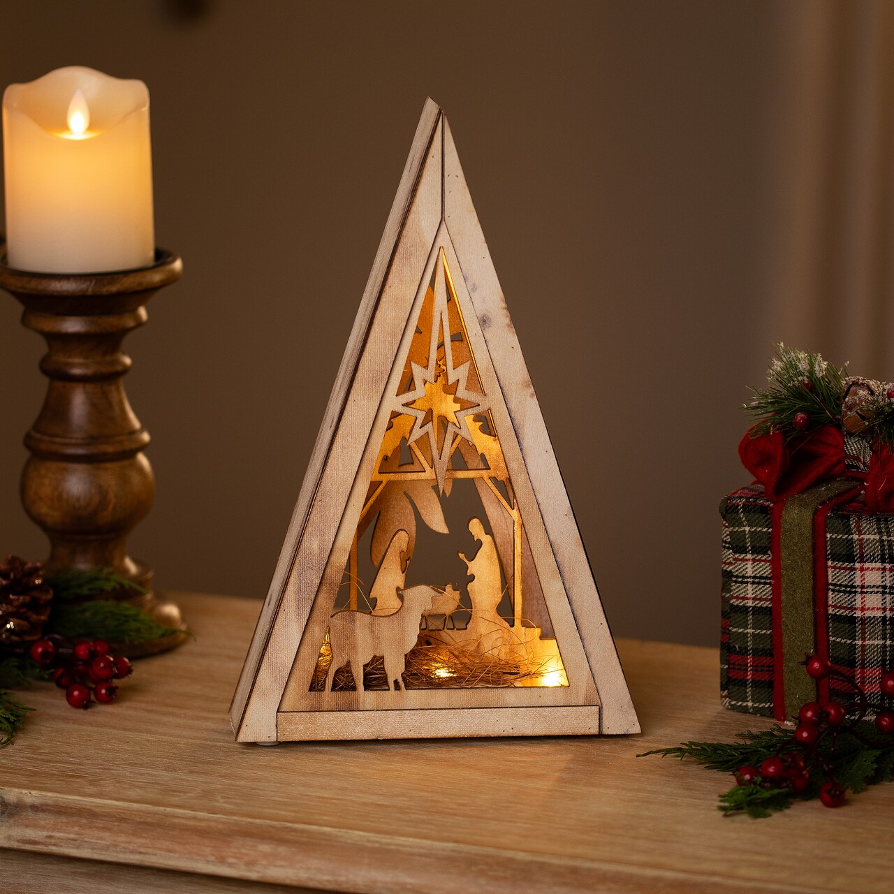 Northlight LED Lighted Holy Family Wooden Christmas Nativity Scene - 12"